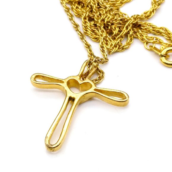 Vintage Open Heart Cross Pendant Necklace, Gold Tone with Sleek Design on Chain - Picture 4 of 5